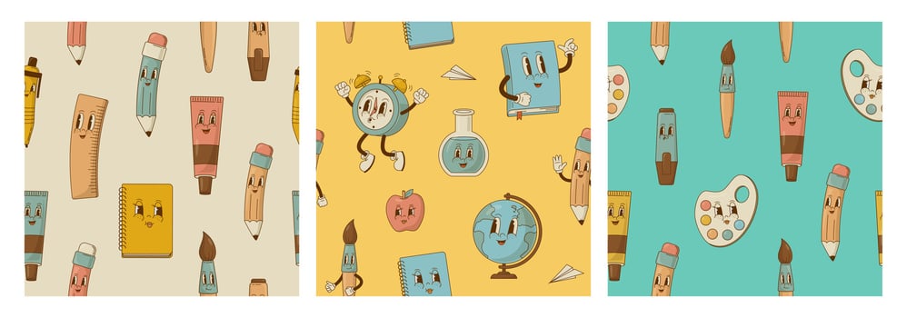 Back to school. Set of seamless pattern with retro cartoon supplies and stationary. Pen, pencil, brush book, globe mascot vector