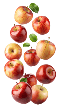 Ripe apples with green leaves, isolated transparent png