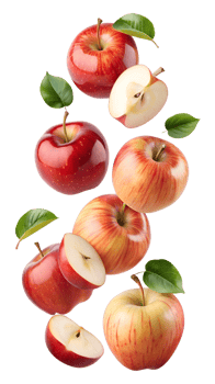 Red and yellow apples with leaves, isolated transparent png