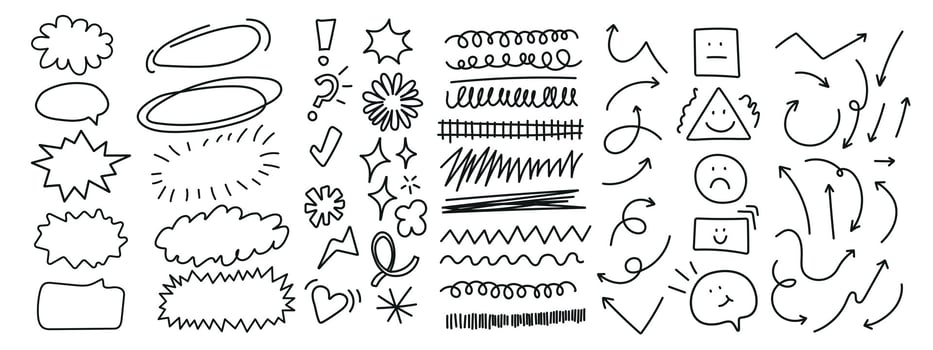 Scribble doodle underline emphasis line shape set. Hand drawn brush stroke, highlight, speech bubble, underline, sparkle element. Editable stroke. vector