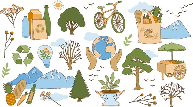 Color isolated sustainable cute sticker set. Earth, nature, recycle, trees. Eco illustration collection. Retro style elements with outline. Editable stroke. vector