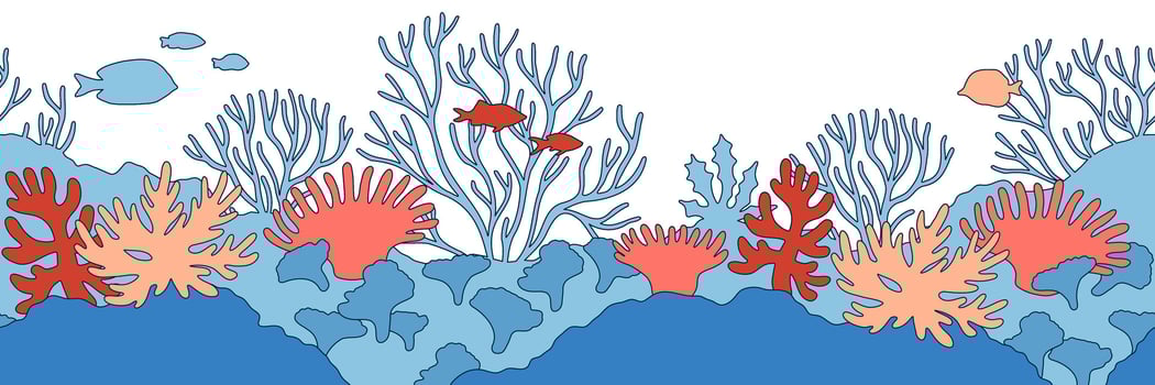 Underwater world landscape cute seamless border. Retro illustration. Sea ocean bottom wildlife on white background. Marine life scene horizontal banner with corals fish and seaweed. Editable stroke. vector