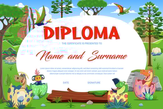 Kids diploma, funny dinosaur kids in egg shells vector