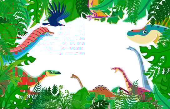 Cartoon prehistoric dinosaurs in jungle frame vector