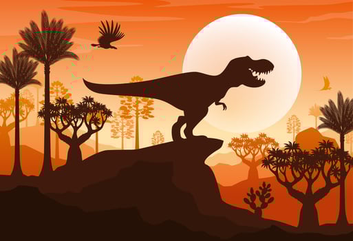 T rex silhouette on mountain sunset landscape vector