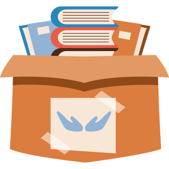 cardboard box with different books for donations png