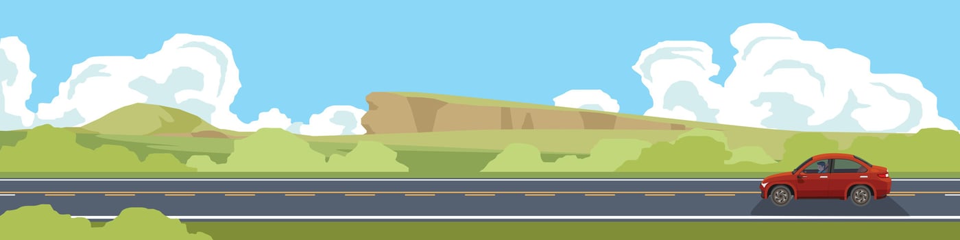 Travels of sedan of red color car with driving for banner. Asphalt road near the meadow with green hill under clear sky. Copy Space Flat . vector