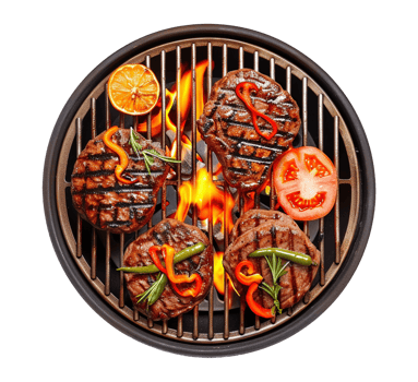 grilled beef steak on the grill with vegetables and peppers png