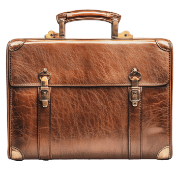 A vintage brown leather briefcase with brass locks resting on a clean surface, ideal for storing documents or business essentials png