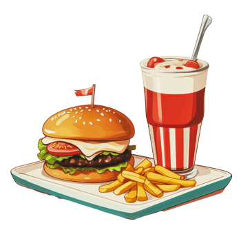 Delicious burger with fries and a cherry-topped milkshake on a plate png