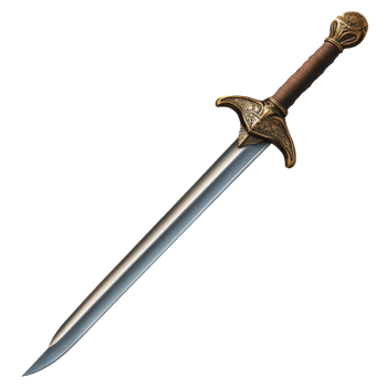 A decorative sword with ornate handle design displayed on a clean surface under bright lighting png