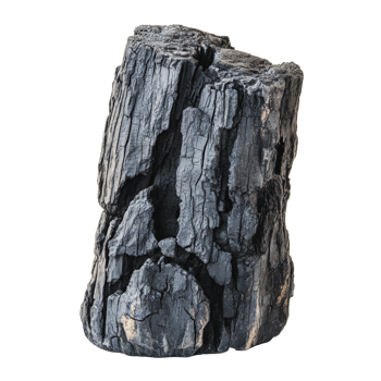 Charcoal log displayed on a white background, highlighting its textured surface and rich black color png