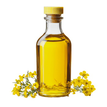 A glass bottle of yellow oil surrounded by blooming yellow flowers on a white background png