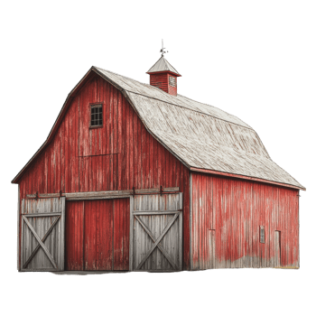 A classic red barn with a wooden structure and a peaked roof in a rural setting at midday png