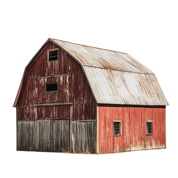 Red barn with weathered roof and wooden details in a rural landscape during daylight png