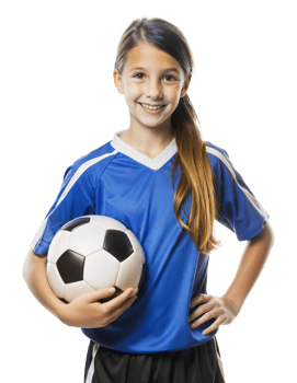 Young girl smiling with soccer ball in studio, cut out png