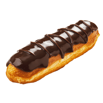 Chocolate eclair with glossy icing on a plate png