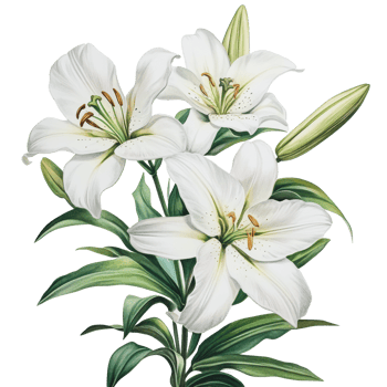 White lilies blooming with green leaves png