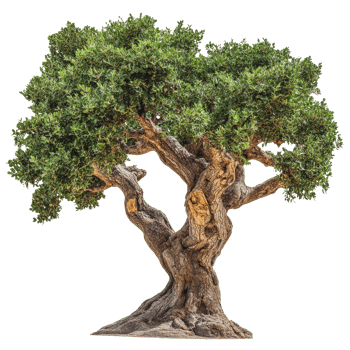 Gnarled ancient olive tree with lush leaves png