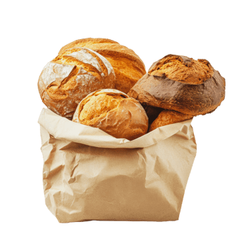 Freshly baked artisan bread in a paper bag png