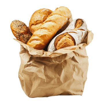 Fresh artisan bread wrapped in a paper bag png