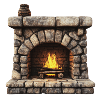 Rustic stone fireplace with glowing flames png