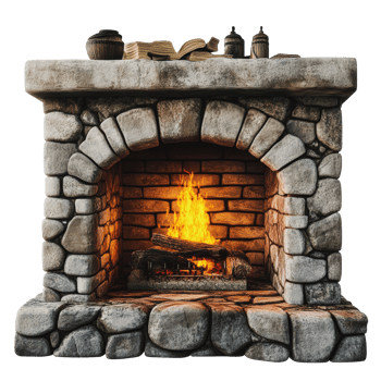 Cozy stone fireplace with firewood and books png