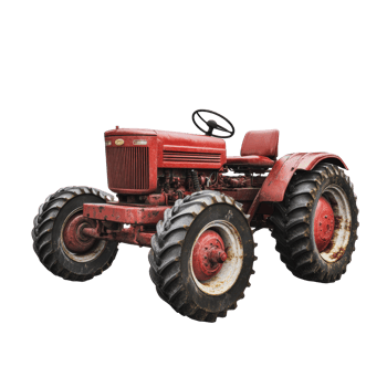Vintage red tractor with large tires in a field png