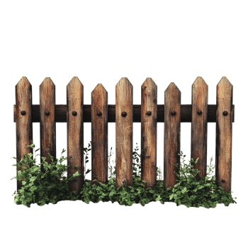 Wooden picket fence with greenery at the base png