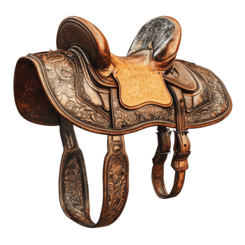 Ornate western saddle on display in sunlight png