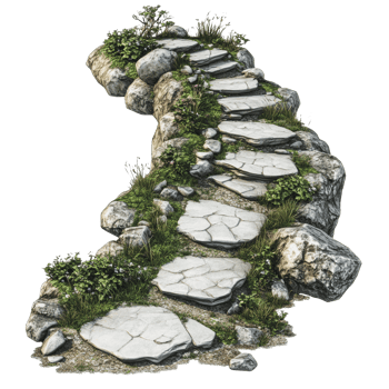 Serene garden pathway with stones and greenery png