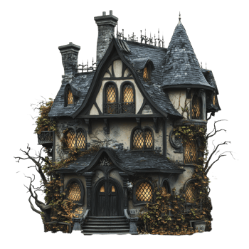 Mysterious gothic house with overgrown vegetation png