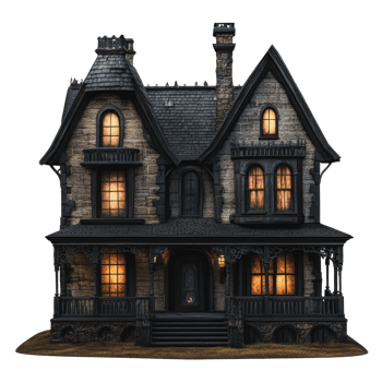 Vintage house with glowing windows at night png