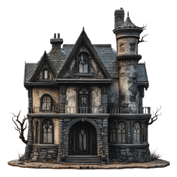 Haunted gothic mansion with twisted trees png