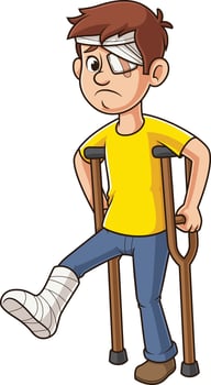 Injured caucasian man with broken leg cartoon drawing vector