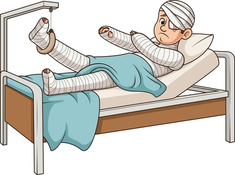 Heavily injured man in hospital bed cartoon drawing vector