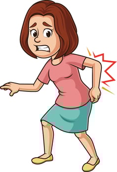 Caucasian woman with back pain cartoon drawing vector