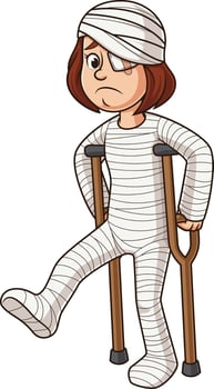 Injured caucasian woman in body cast cartoon drawing vector