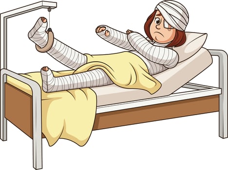 Heavily injured woman in hospital bed cartoon drawing vector