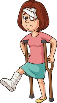 Injured caucasian woman with broken leg cartoon drawing vector