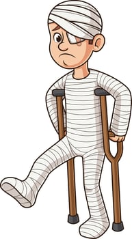 Injured caucasian man in body cast cartoon drawing vector