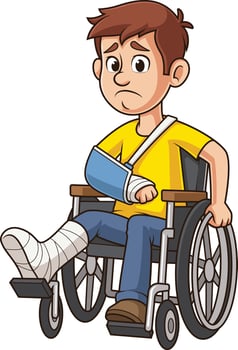 Caucasian injured man in wheelchair cartoon drawing vector