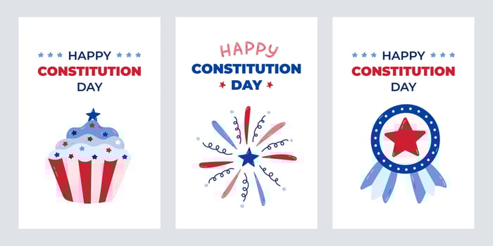 Cute set of greeting cards for Happy Constitution Day of USA with cartoon illustration of medal, firework, cupcake. Funny concept for poster, banner to celebrate holiday at 17th of September. vector