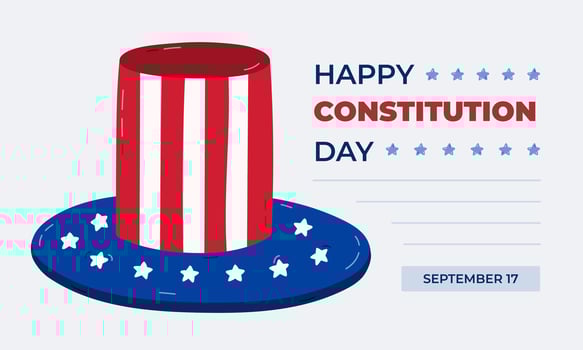 Minimalistic banner for Happy Constitution Day of USA at 17th of September with cartoon hat of Uncle Sam. Funny concept for poster, background, greeting card to celebrate American holiday. vector