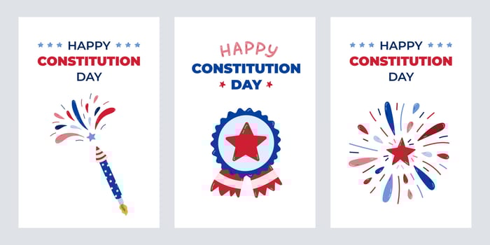 Set of minimalistic cards for Happy Constitution Day of USA with cartoon illustration of firework, medal in US colors. Cute concept for poster, banner to celebrate holiday at 17th of September. vector