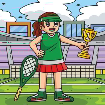 Tennis Female Player with Trophy Colored Cartoon vector