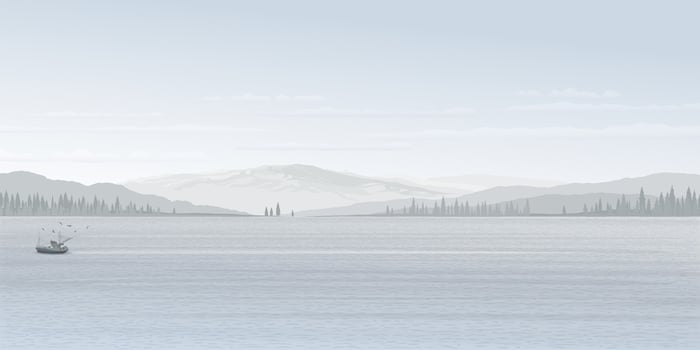 Minimalist seascape in winter season with fishing boat followed by seagulls have mountain ranges, silhouetted pine forest and dusk sky background graphic illustration have blank space. vector