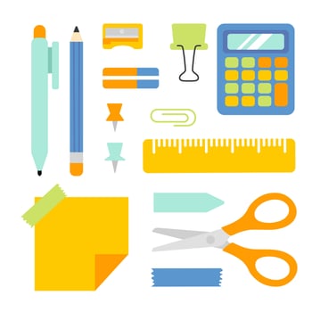 Cute stationery, school, office supplies in cartoon flat style. Isolated on white. Back to school collection. vector