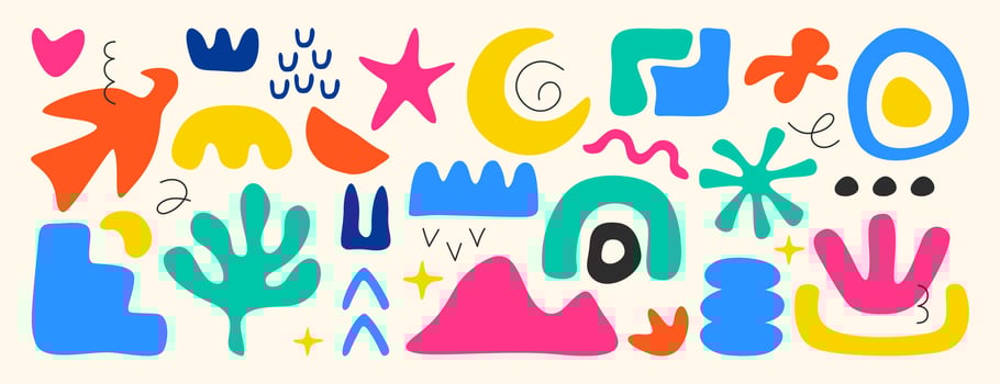 set of abstract simple geometric shapes, lines and nature forms. Collection of hand drawn trendy basic figures, organic matisse elements. Freehand freeform color objects, floral plants, leaves. vector