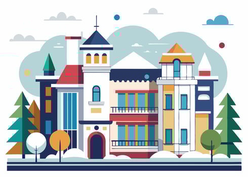 Snow City Town. Luxury Old Fashioned Houses and Other Buildings Cityshape vector